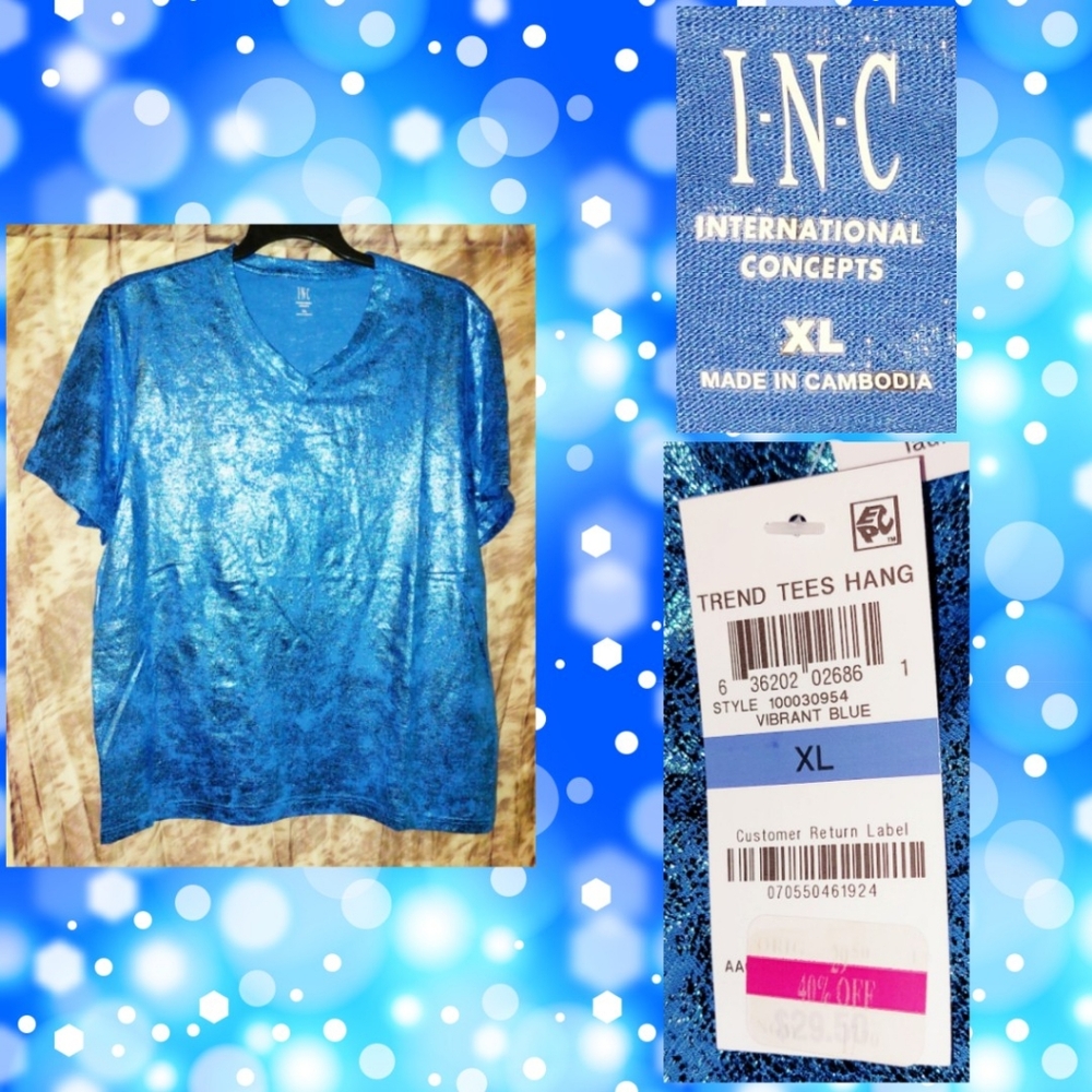 INC International Concepts Shimmery Vibrant Blue Crackle Design Knit T-shirt XL